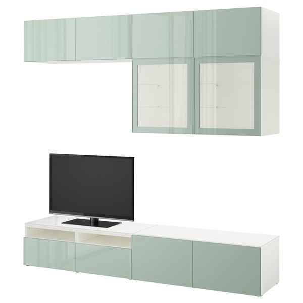 Шкаф для ТВ, комбинированный, стекляные дверцы БЕСТО, белый Сельсвикен, глянцевый/серо-зеленый светлый прозрачное стекло - фото 1