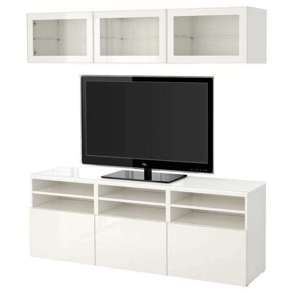 Шкаф для ТВ, комбинированный, стекляные дверцы БЕСТО, белый, Сельсвикен глянцевый/белый прозрачное стекло (180x40x192 см) - фото 1