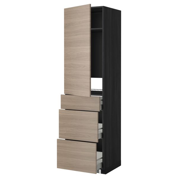 Высокий шкаф для холодильника, с дверцами, 3 ящика МЕТОД / МАКСИМЕРА, черный, Брокхульт светло-серый (60x60x220 см) - фото 1