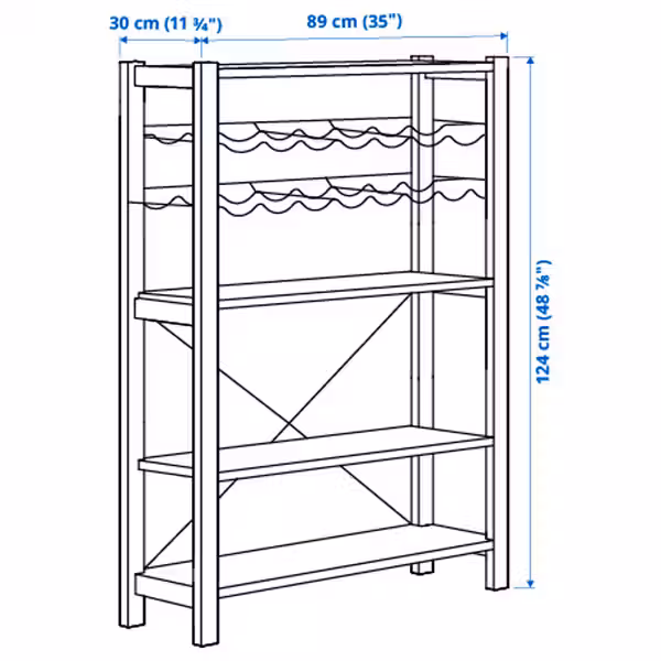 IVAR 1 секция/полки/полки д/бутылок - сосна 89x30x124 см - схема-чертеж с размерами