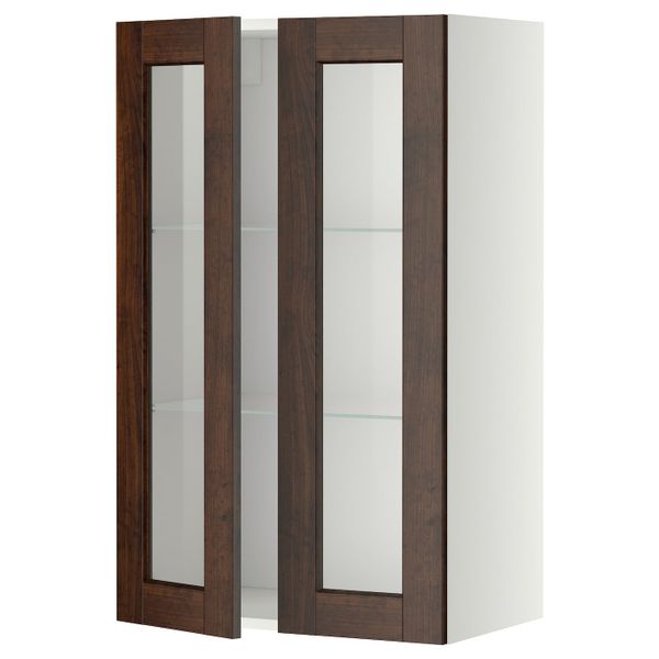Навесной шкаф с полками, 2 стекло дв, белый/Эдсерум коричневый 60x100 см IKEA METOD МЕТОД 792.264.21 - фото 1