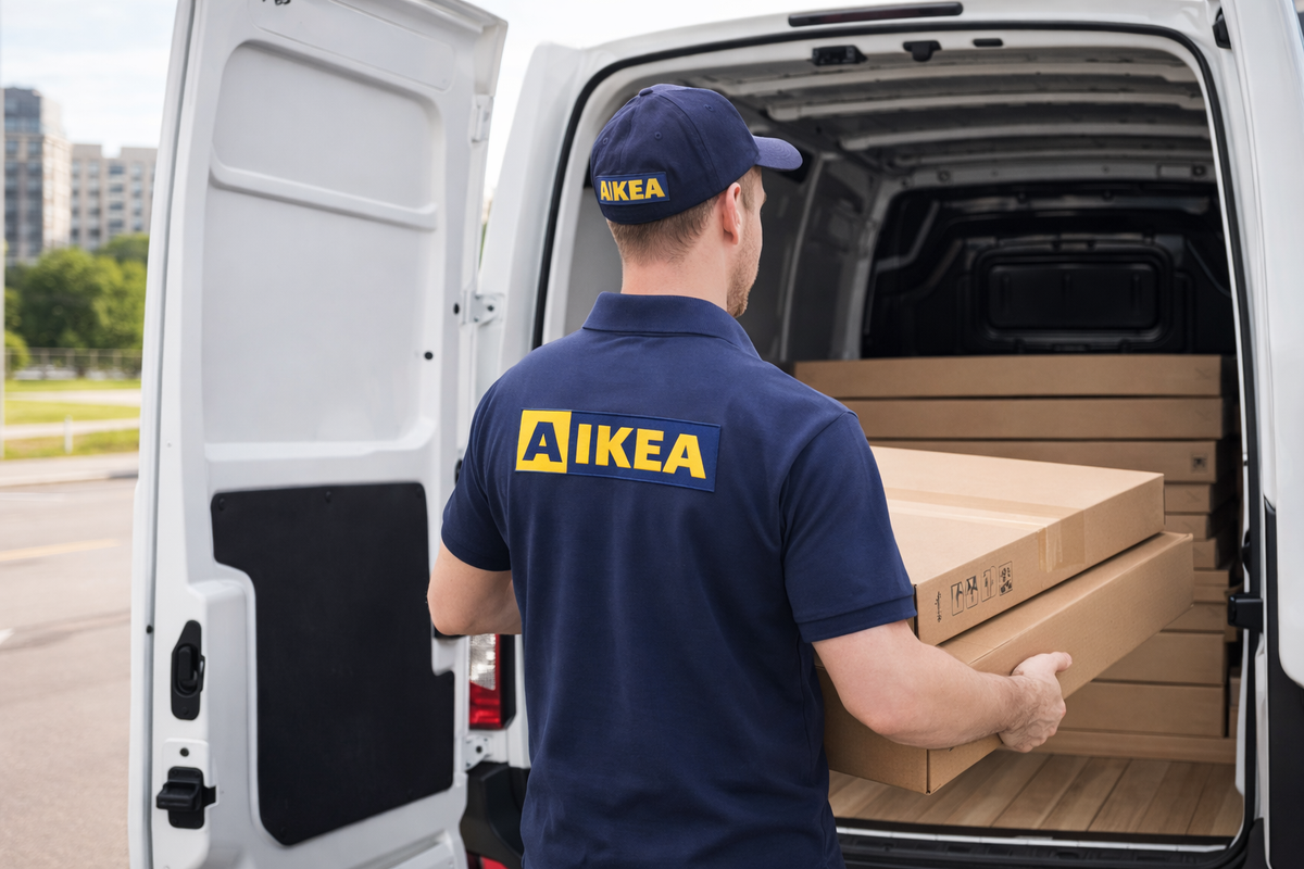 Водитель в фирменной одежде AIKEA загружает плоские картонные упаковки с мебелью в белый микроавтобус