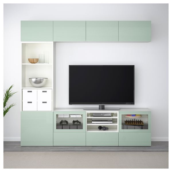 Шкаф для ТВ, комбинированный, стекляные дверцы БЕСТО, белый Сельсвикен, глянцевый/серо-зеленый светлый прозрачное стекло - фото 2