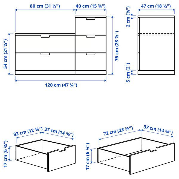 NORDLI Комод с 5 ящиками - белый 120x76 см - схема-чертеж с размерами