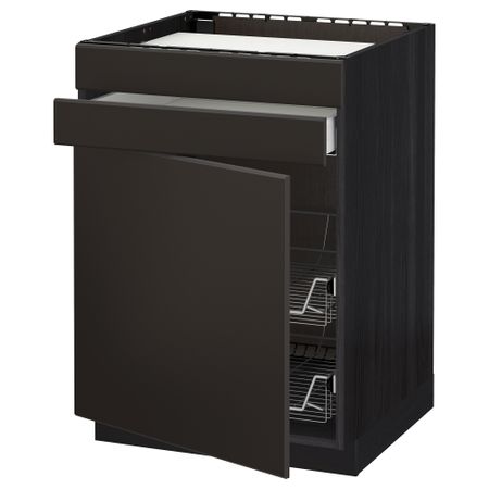 Напольный шкаф для варочной панели, ящик, 2 проволочных корзины МЕТОД / МАКСИМЕРА, черный, Кунгсбакка антрацит (60x60 см)
