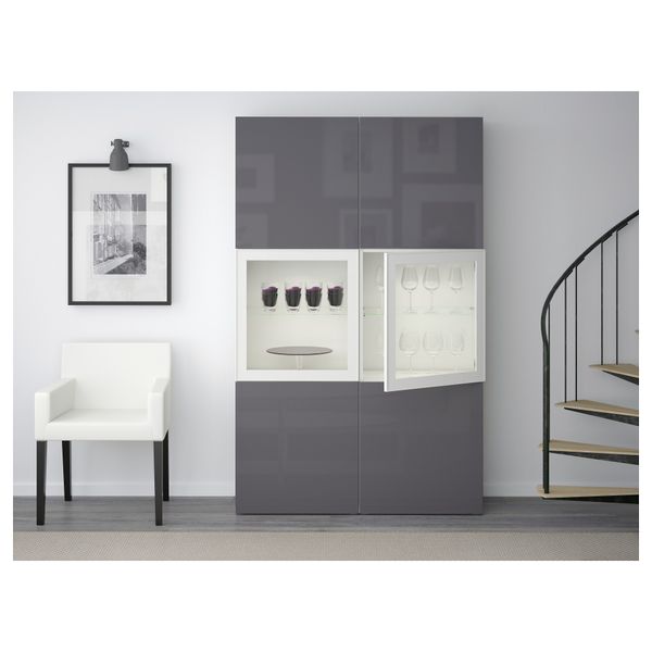 Комбинация для хранения со стеклянными дверцами БЕСТО, белый, Сельсвикен глянцевый/серый прозрачное стекло (120x40x192 см) - фото 2