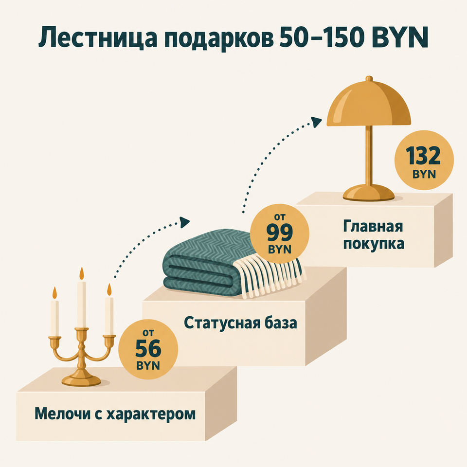 Инфографика «Лестница подарков 50−150 BYN»: три ступени бюджета от 56 до 132 BYN