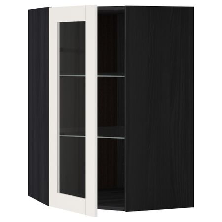 Угловой навесной шкаф с полками, стекляными дверцами МЕТОД, черный, Сэведаль белый