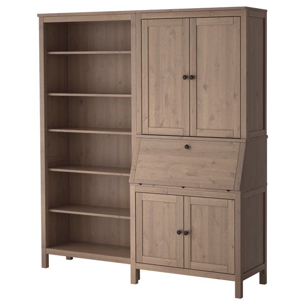 Бюро с дополнительным модулем + стеллаж ХЕМНЭС, серо-коричневый (179x197 см) - фото 1