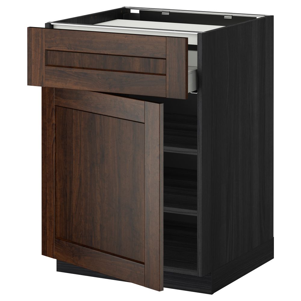 Напольный шкаф для варочной панели, ящик, полка, дверцы МЕТОД / МАКСИМЕРА, черный, Эдсерум коричневый (60x60 см) - фото 1