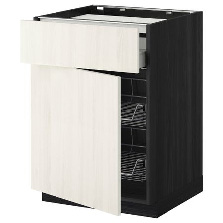 Напольный шкаф для варочной панели, ящик, 2 проволочных корзины МЕТОД / МАКСИМЕРА, черный, Росдаль белый (60x60 см)