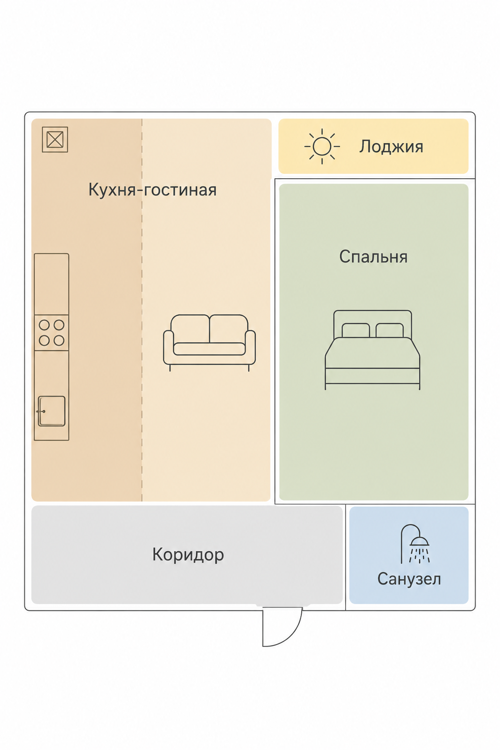 Схема зонирования евродвушки 40 м²: кухня-гостиная, спальня, коридор, санузел, лоджия