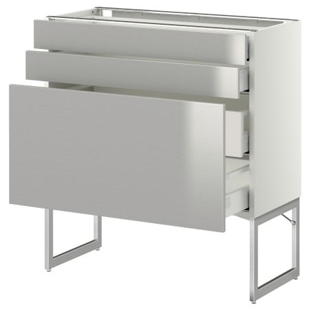 Напольный шкаф 3 фронтальных панели, 2 нижних, 2 средних ящика МЕТОД / МАКСИМЕРА, белый, Гревста нержавеющ сталь