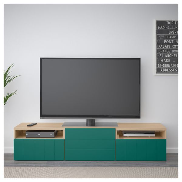 Тумба под ТВ с ящиками и дверцей БЕСТО, под беленый дуб, Халлставик сине-зеленый (180x40x38 см) - фото 2