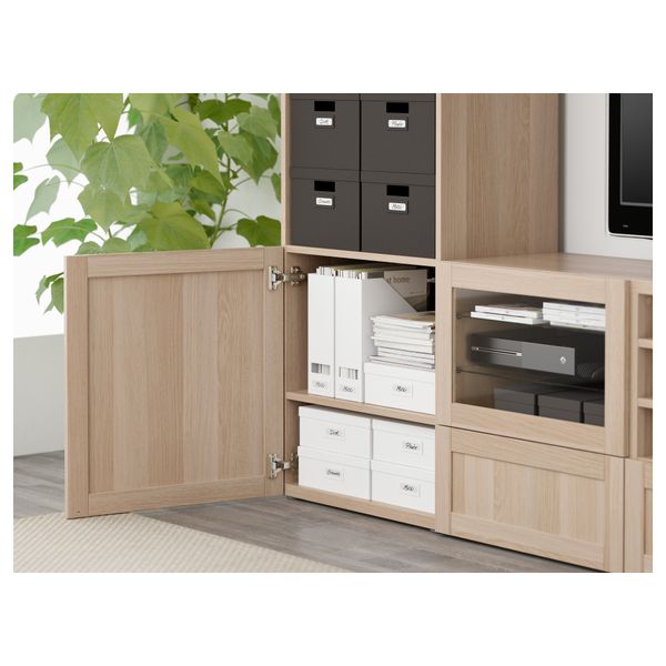 Шкаф для ТВ, комбинированный, стекляные дверцы БЕСТО, Ханвикен, Синдвик под беленый дуб, прозрачное стелко (240x40x230 см) - фото 3