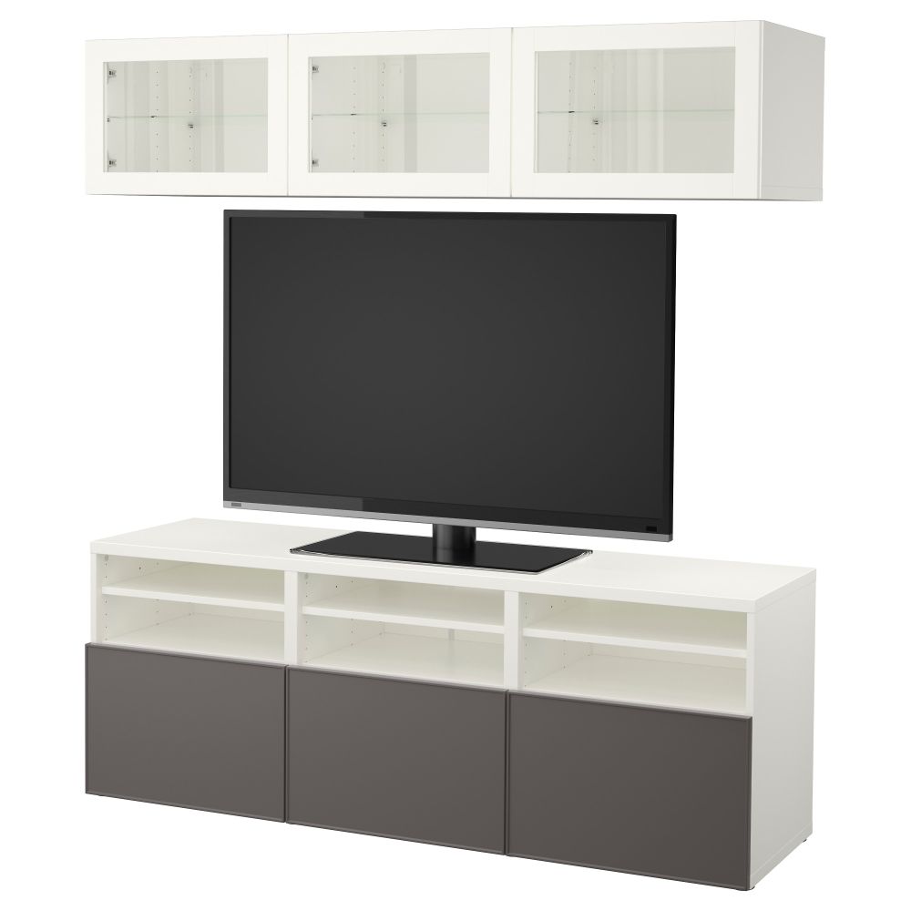 Шкаф для ТВ, комбинированный, стекляные дверцы БЕСТО, белый Грундсвикен, темно-серый прозрачное стекло (180x40x192 см) - фото 1