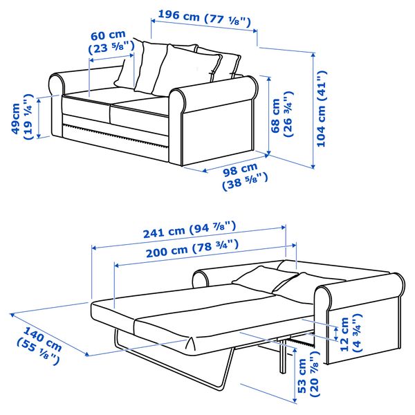 2-местный диван-кровать, Inseros белый IKEA GRÖNLID 695.365.32 - схема-чертеж с размерами