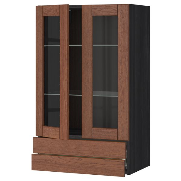 Навесной шкаф, 2 стеклянные дверцы, 2 ящика МЕТОД / ФОРВАРА, черный, Филипстад коричневый - схема-чертеж с размерами