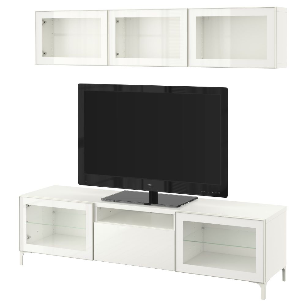 Шкаф для ТВ, комбинированный, стекляные дверцы БЕСТО, белый, Сельсвикен глянцевый/белый прозрачное стекло (180x20/40x166 см) - фото 1