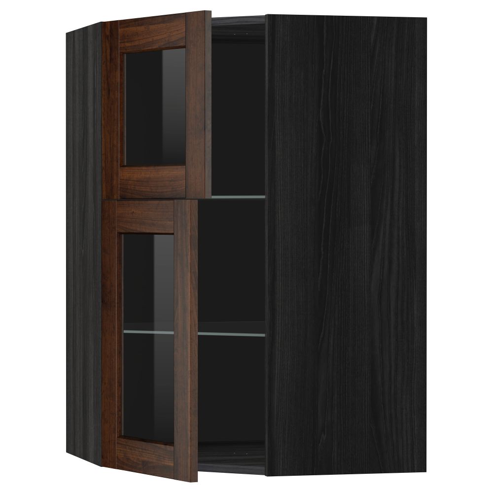 Угловой навесной шкаф + полки, 2 стеклянные дверцы МЕТОД, черный, Эдсерум коричневый (68x100 см) - схема-чертеж с размерами