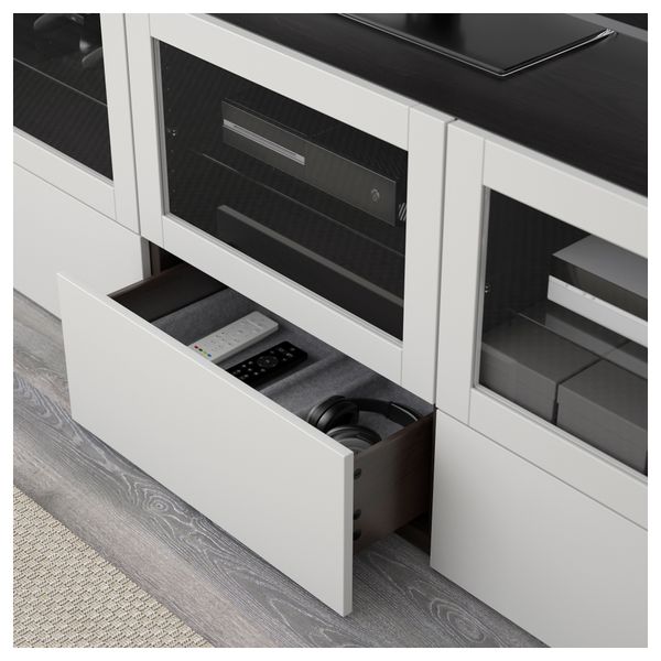 Тумба под ТВ, с дверцами и ящиками БЕСТО, черно-коричневый Синдвик, Лаппвикен светло-серый прозрачное стекло (180x40x64 см) - фото 3