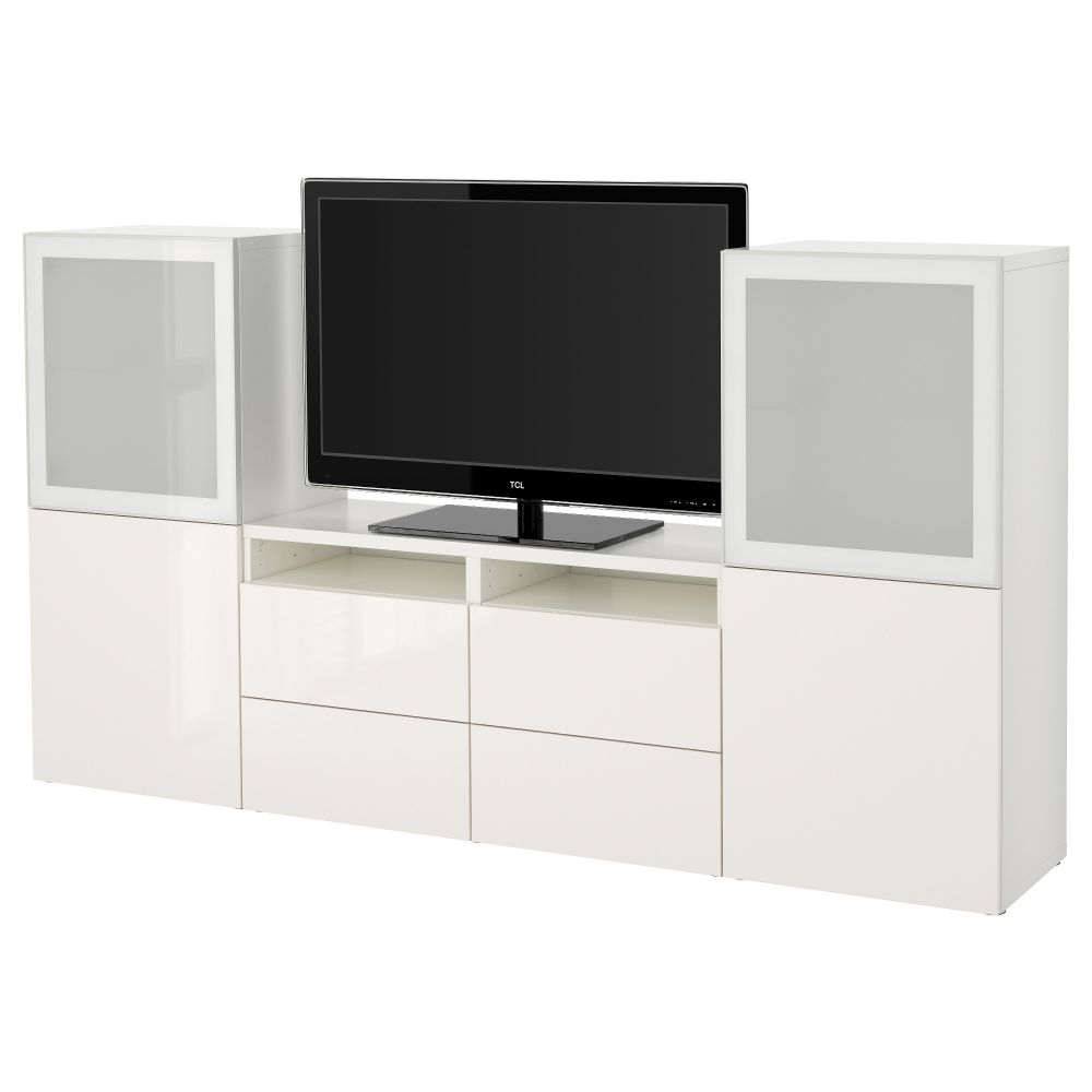 Шкаф для ТВ, комбинированный, стекляные дверцы БЕСТО, белый, Сельсвикен глянцевый/белый матовое стекло (240x40x128 см) - фото 1