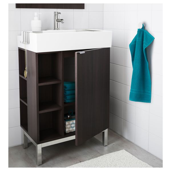 Шкаф под раковину с 1 дверцей, 2 открывающихся полки ЛИЛЛОНГЕН, черно-коричневый (60x41x92 см) - схема-чертеж с размерами