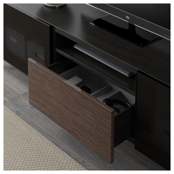 Тумба под ТВ БЕСТО, черно-коричневый, Сельсвикен глянцевый/коричневый дымчат стекло (180x40x48 см) - фото 3