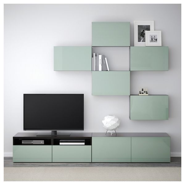 Шкаф для ТВ, комбинация БЕСТО, черно-коричневый, Сельсвикен глянцевый/серо-зеленый светлый (240x20/40x204 см) - фото 2