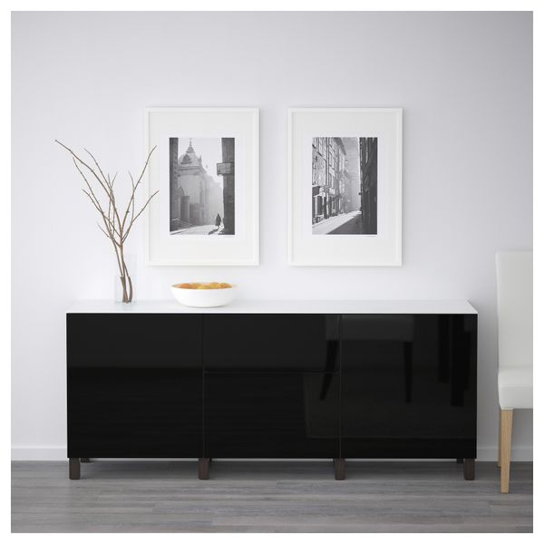 Комбинация для хранения с дверцами, ящиками БЕСТО, черно-коричневый, Сельсвикен глянцевый/черный (180x42x74 см) - схема-чертеж с размерами