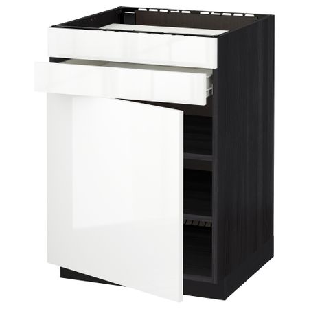 Напольный шкаф для варочной панели, доводчик, 2 фасада, 1 ящик МЕТОД / ФОРВАРА, черный, Рингульт белый (60x60 см)