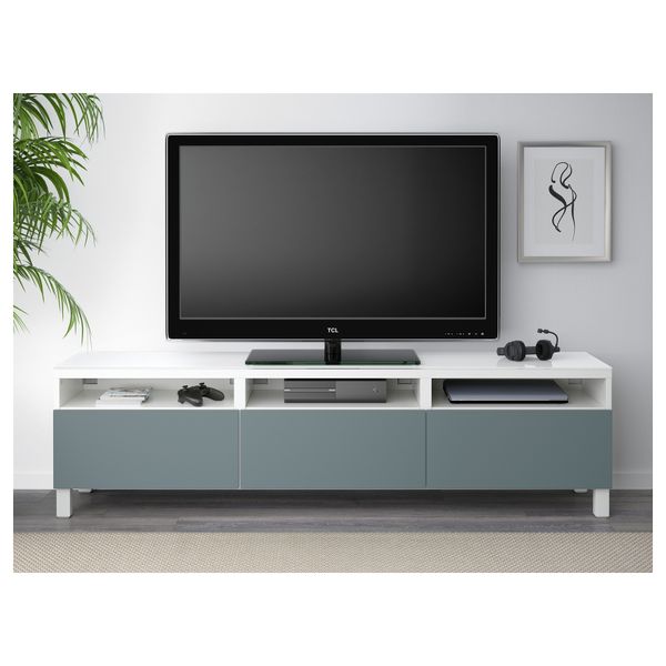 Тумба для ТВ с ящиками БЕСТО, белый, Вальвикен серо-бирюзовый (180x40x48 см) - фото 2