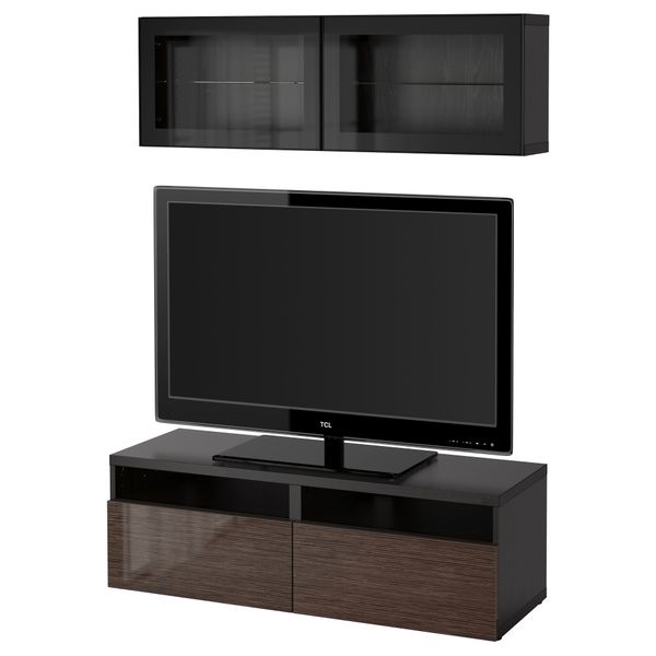 Шкаф для ТВ, комбинированный, стекляные дверцы БЕСТО, черно-коричневый, Сельсвикен глянцевый/коричневый прозрач стекло - фото 1