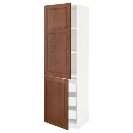 Высокий шкаф + полки, 3 ящика, 2 дверцы МЕТОД / МАКСИМЕРА, белый, Филипстад коричневый