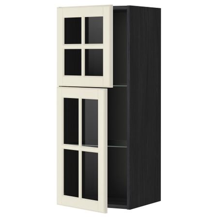 Навесной шкаф с полками, 2 стекло дверцы МЕТОД, черный, Будбин белый с оттенком (40x100 см)