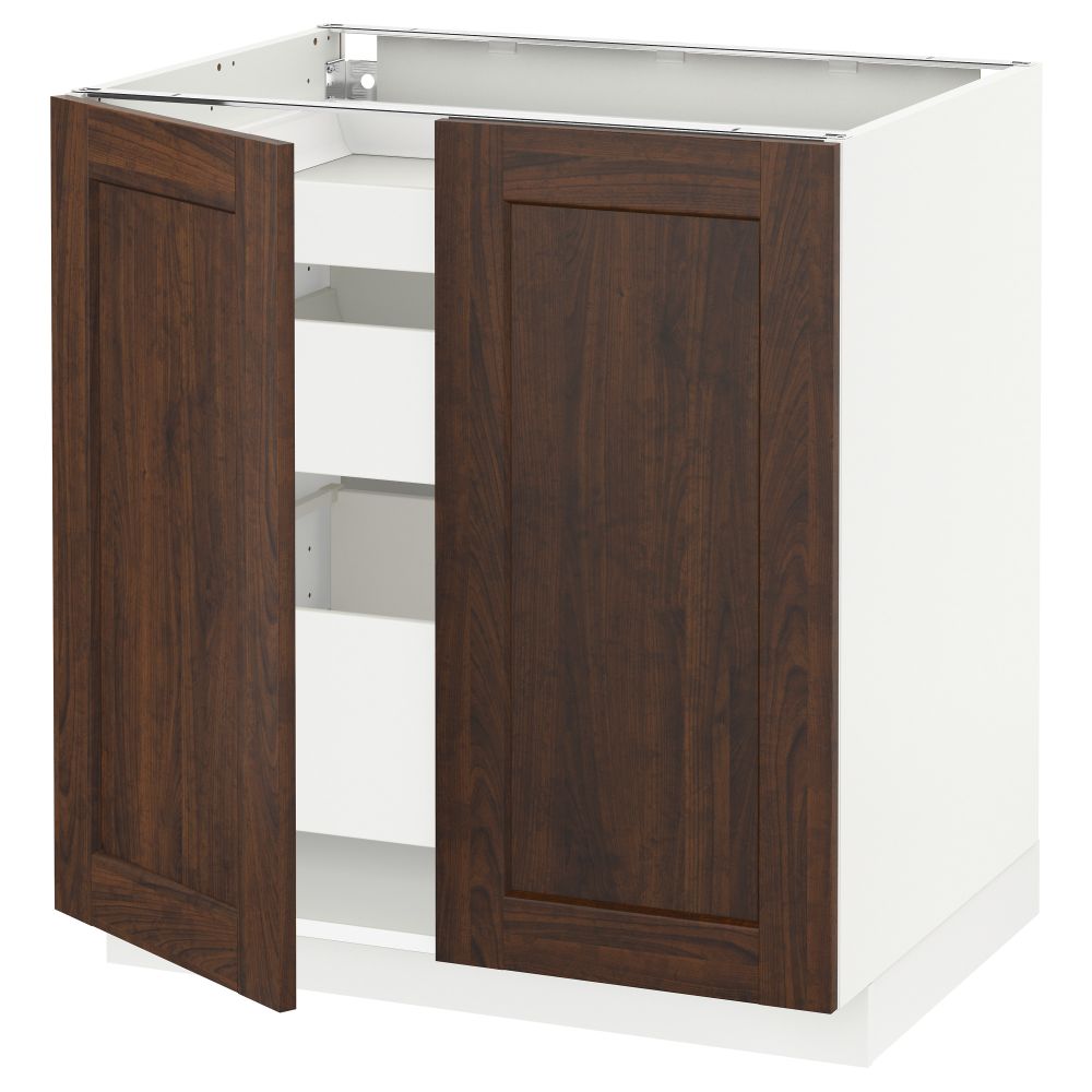 Напольный шкаф с 2 дверцами, 3 ящиками МЕТОД / МАКСИМЕРА, белый, Эдсерум коричневый (80x60 см) - схема-чертеж с размерами