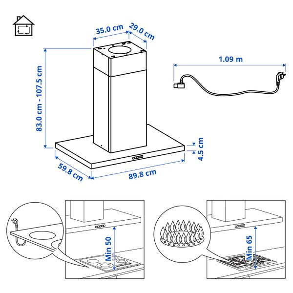 Колпак вытяжного шкафа потолочного крепл, нержавеющая сталь 90 см IKEA SVÄVANDE СВЭВАНДЕ 303.942.70 - схема-чертеж с размерами