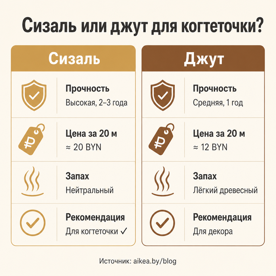 Инфографика: сравнение сизаля и джута для когтеточки по прочности, цене и запаху