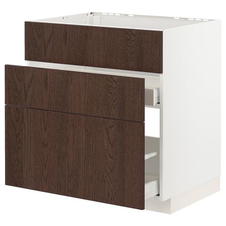 Шкаф под мойку+3фасада/2ящика, белый/Синарп коричневый 80x60 см IKEA METOD МЕТОД / MAXIMERA МАКСИМЕРА 694.044.33