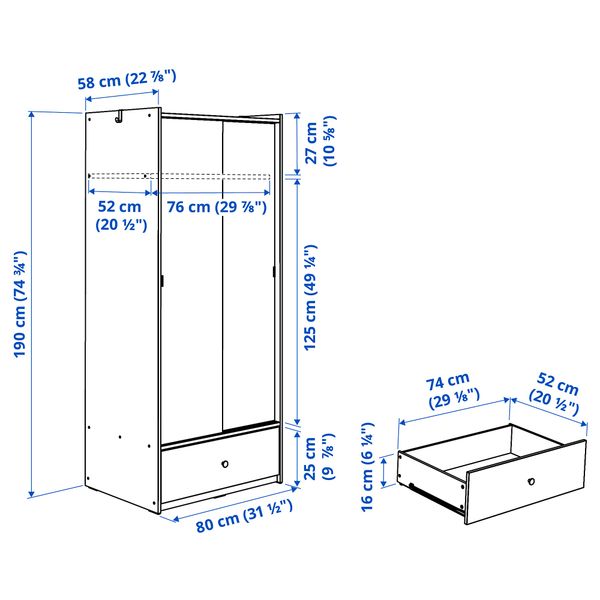 Гардероб с раздвижными дверями, белый, 80x191 см IKEA BRUKSVARA 805.758.81 - схема-чертеж с размерами