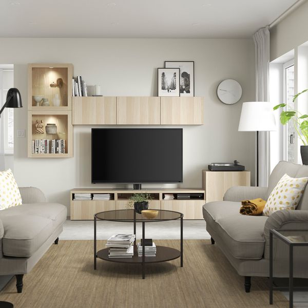 Шкаф для ТВ, комбинированный, стекляные дверцы, под беленый дуб/Лаппвикен под беленый дуб, прозрачное стелко 300x42x211 см IKEA - фото 3