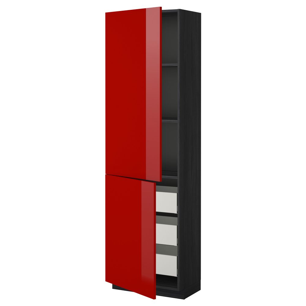 Высокий шкаф + полки, 3 ящика, 2 дверцы МЕТОД / МАКСИМЕРА, черный, Рингульт красный - схема-чертеж с размерами
