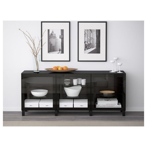 Комбинация для хранения с дверцами БЕСТО, Глассвик черный/прозрачное стекло (180x40x74 см) - схема-чертеж с размерами