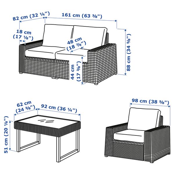 4-местный комплект садовой мебели IKEA SOLLERÖN СОЛЛЕРОН 692.874.53 - схема-чертеж с размерами