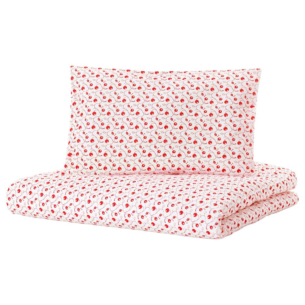 Пододеяльник, наволочка для/кроватки, орнамент «брусника» 110x125/35x55 см IKEA GULSPARV ГУЛСПАРВ 804.430.13 - фото 1