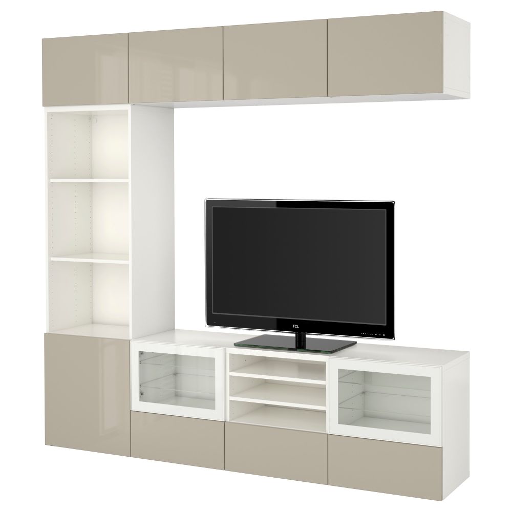 Шкаф для ТВ, комбинированный, стекляные дверцы БЕСТО, белый, Сельсвикен глянцевый/бежевый прозрачное стекло (240x40x230 см) - фото 1