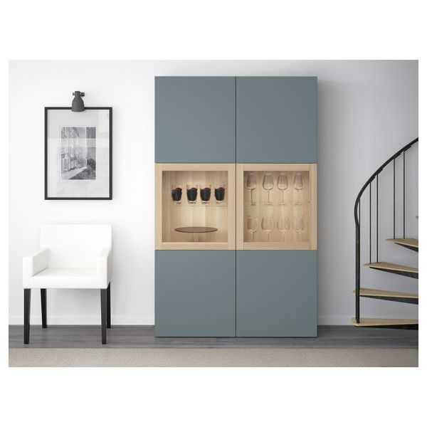 Комбинация для хранения со стеклянными дверцами БЕСТО, под беленый дуб, Вальвикен серо-бирюзовый, прозрачное стекло (120x40x192 - фото 2