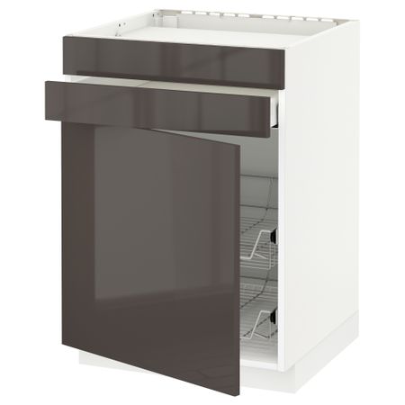 Напольный шкаф для варочной панели, ящик, 2 проволочных корзины МЕТОД / МАКСИМЕРА, белый, Рингульт серый (60x60 см)
