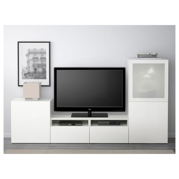 Шкаф для ТВ, комбинированный, стекляные дверцы БЕСТО, белый, Сельсвикен глянцевый/белый матовое стекло (240x40x128 см) - фото 2