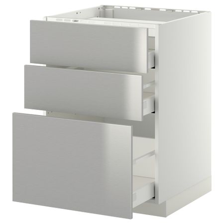 Напольный шкаф, 3 фронтальных панели, 3 ящика МЕТОД / МАКСИМЕРА, белый, Гревста нержавеющ сталь